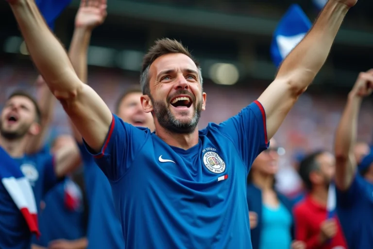 Supporter passionné de l'équipe de France en tribune lors d'un match de football
