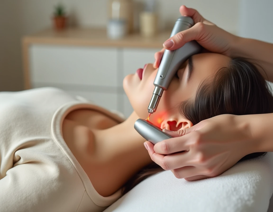 Praticien appliquant le traitement laser auriculaire anti-addictions sur un patient selon la méthode MC77