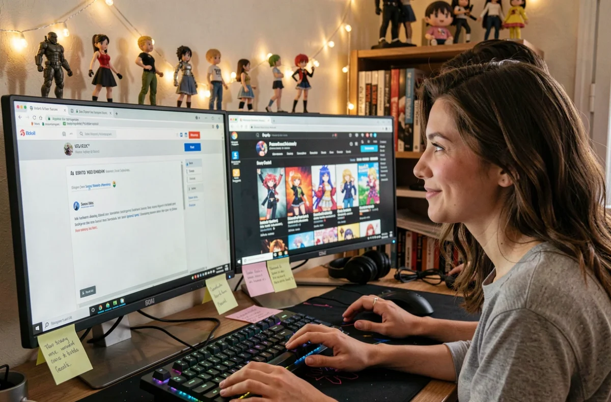 Deux amis cherchant ensemble des alternatives à Zaltav pour regarder des animes, assis devant un ordinateur affichant des sites de streaming alternatifs