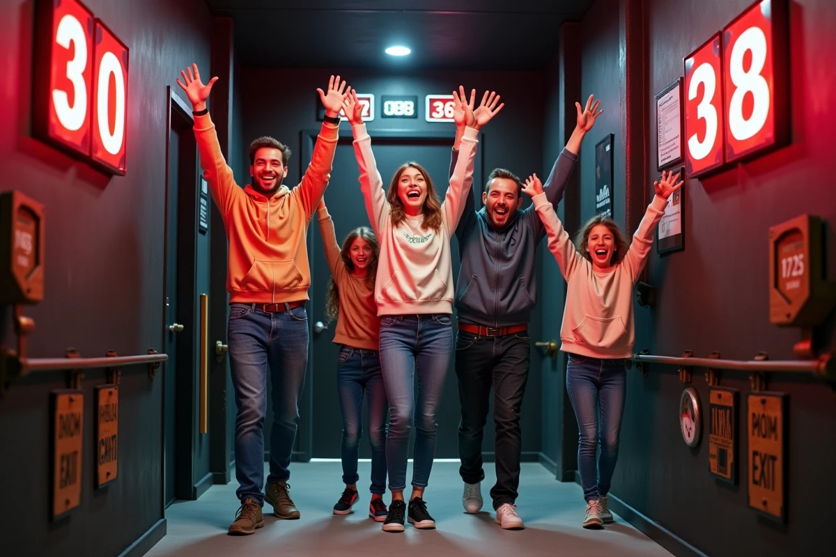 Famille célébrant leur victoire à la sortie d'un escape game familial à Toulouse