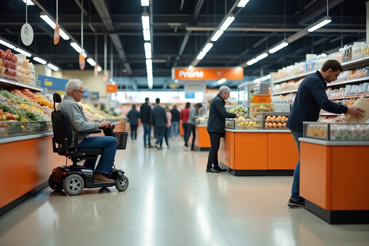 Vue large de caisses de supermarché avec une caisse prioritaire signalée pour les personnes à mobilité réduite en fauteuil roulant motorisé