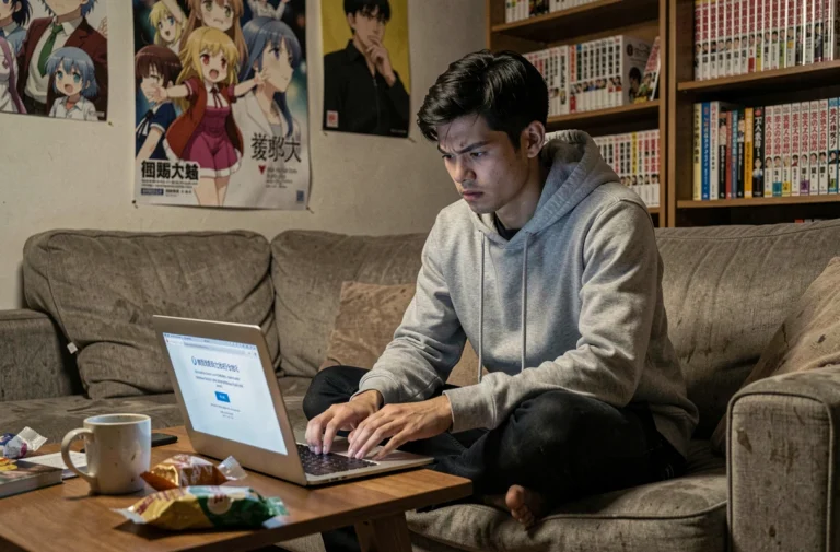 Jeune homme frustré devant son ordinateur portable affichant une erreur de streaming d'anime, assis dans un salon décoré de posters d'anime